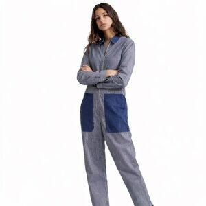 FUN! 💙 Brixton 100% Cotton Mersey Blue/White Striped Coveralls Jumpsuit